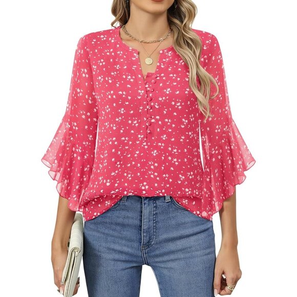 Women’s 3/4 Sleeve Chiffon Top with Ruffle Cuffs Floral Pattern Casual - Picture 4 of 5